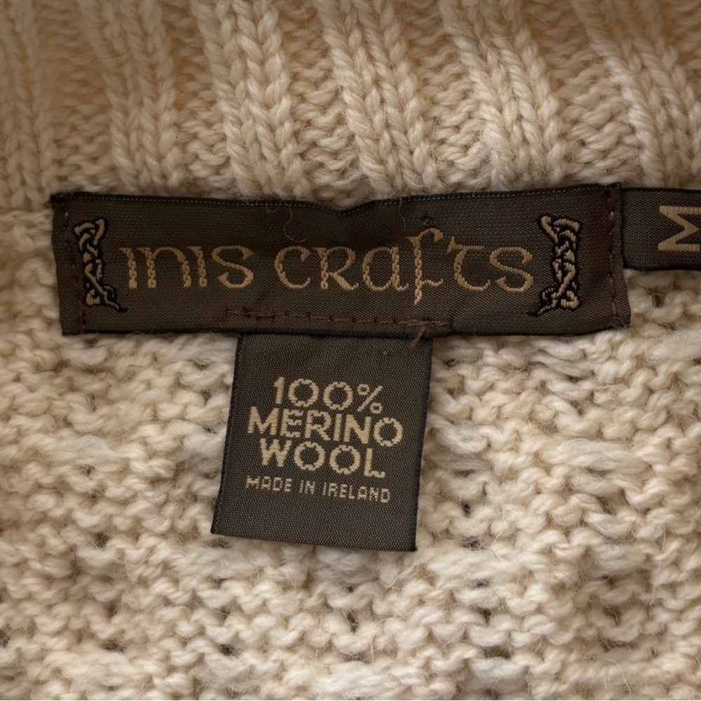 Inis Crafts 100% Merino Wool Irish Aran Zip Sweater | Cream | Medium - Picture 3 of 6